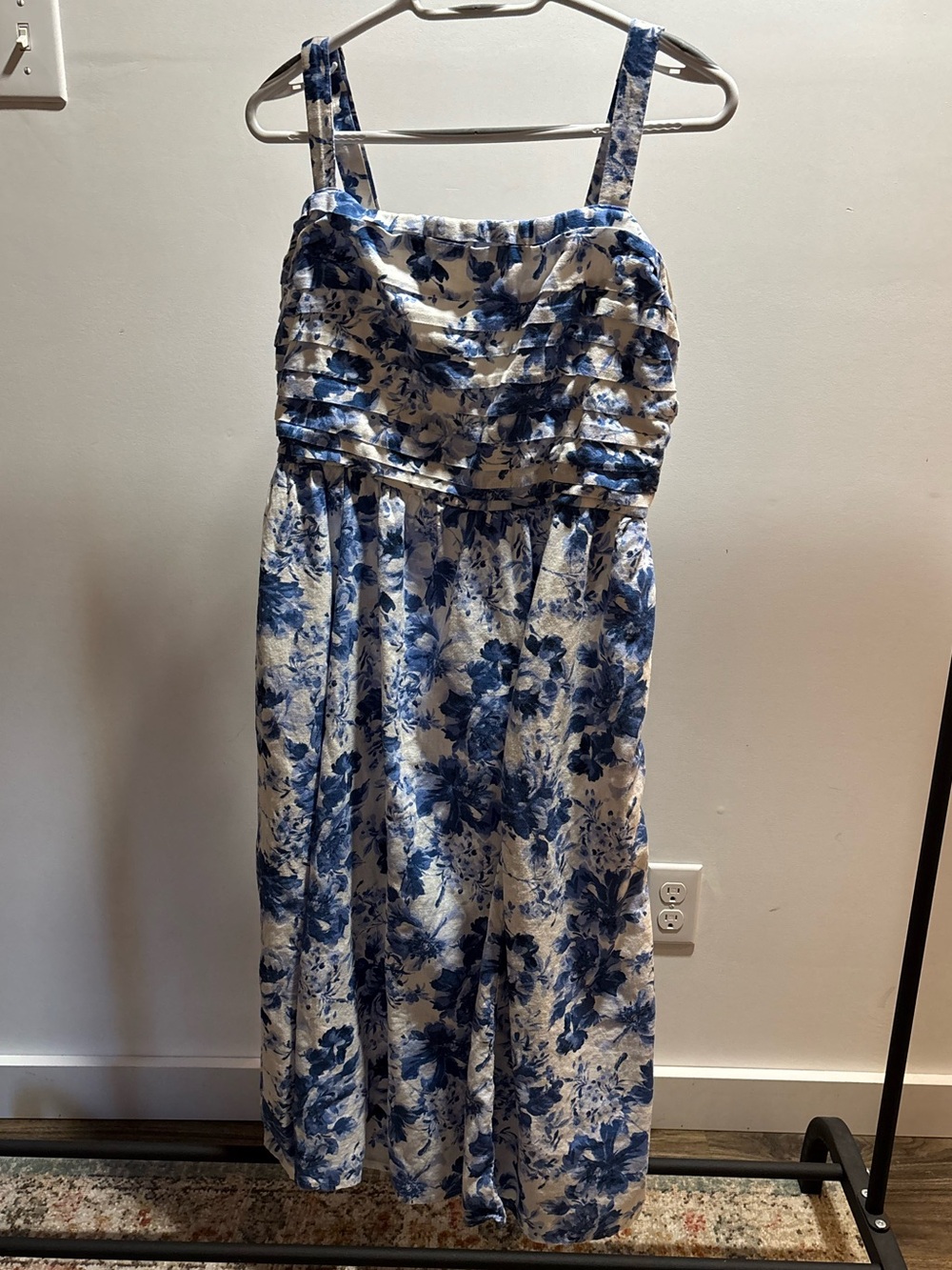 Blue and White Floral Midi Dress - Sleeveless Sundress